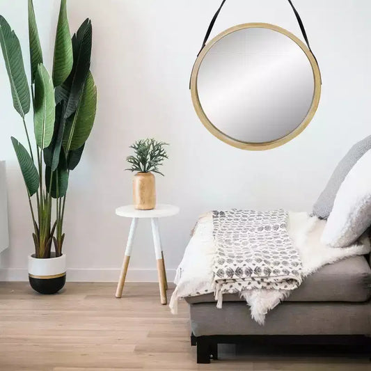 Specchio da Parete Rotondo Moderno Beige da 53 cm con Finitura Venatura del Legno – Corda in Finta Pelle per Appendere