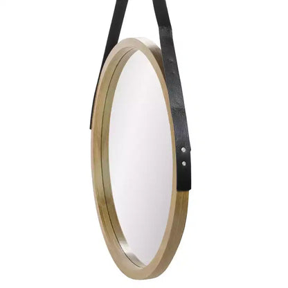 Specchio da Parete Rotondo Moderno Beige da 53 cm con Finitura Venatura del Legno – Corda in Finta Pelle per Appendere