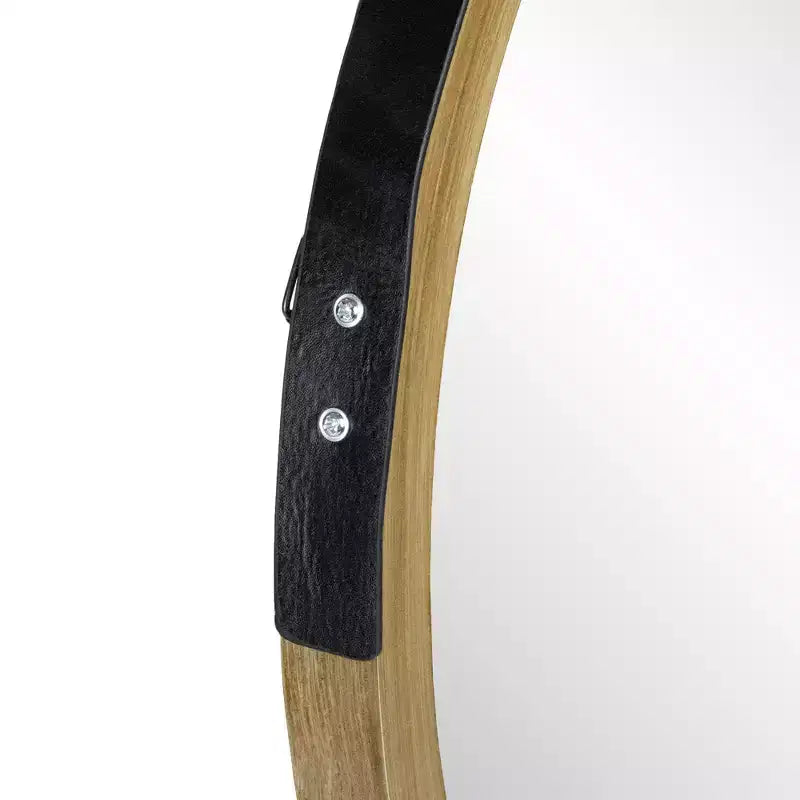 Specchio da Parete Rotondo Moderno Beige da 53 cm con Finitura Venatura del Legno – Corda in Finta Pelle per Appendere