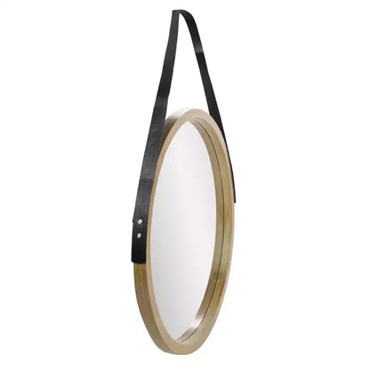 Specchio da Parete Rotondo Moderno Beige da 53 cm con Finitura Venatura del Legno – Corda in Finta Pelle per Appendere