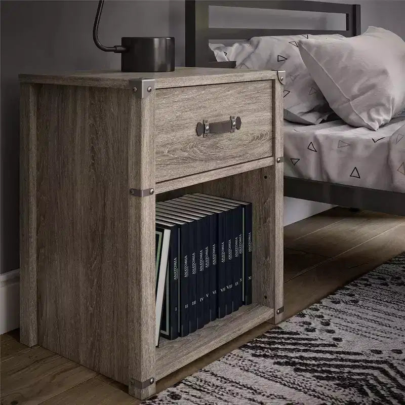 Comodino con 1 cassetto e maniglia in pelle – Rovere grigio