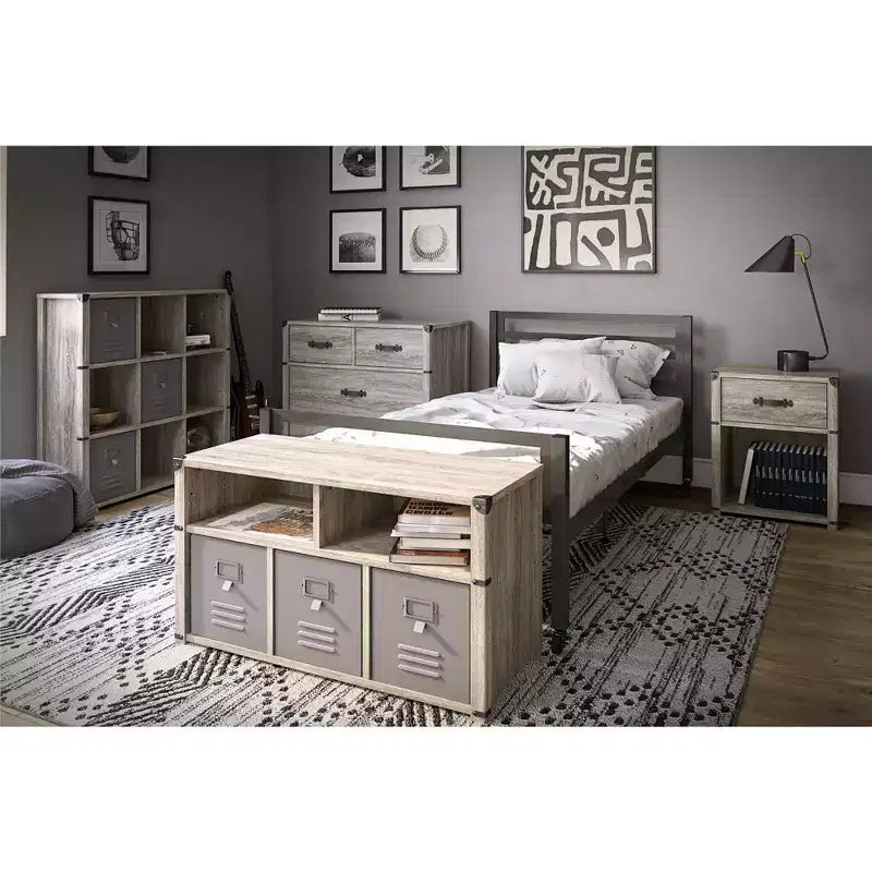 Comodino con 1 cassetto e maniglia in pelle – Rovere grigio