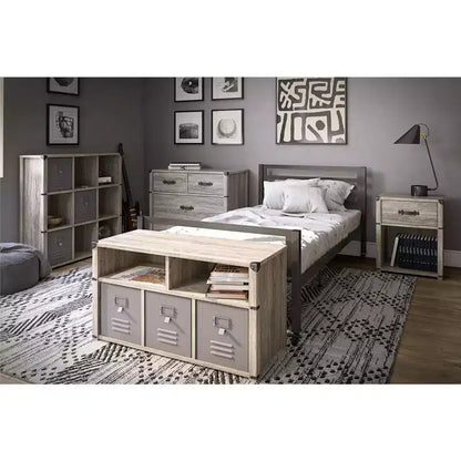 Comodino con 1 cassetto e maniglia in pelle – Rovere grigio