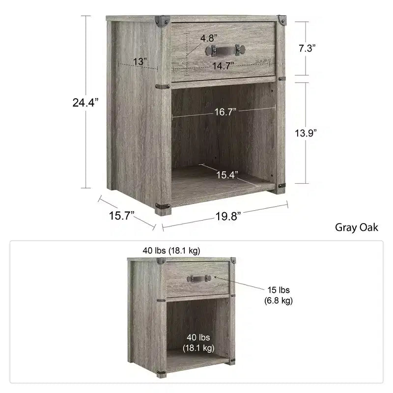 Comodino con 1 cassetto e maniglia in pelle – Rovere grigio