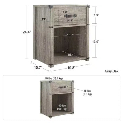 Comodino con 1 cassetto e maniglia in pelle – Rovere grigio