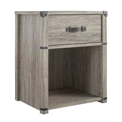 Comodino con 1 cassetto e maniglia in pelle – Rovere grigio