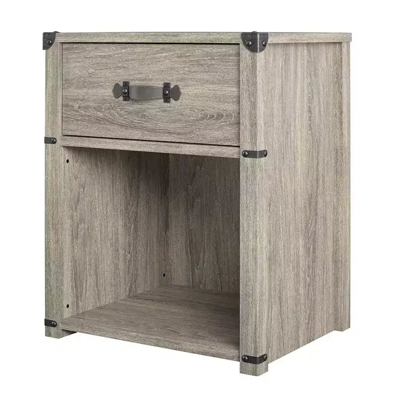 Comodino con 1 cassetto e maniglia in pelle – Rovere grigio