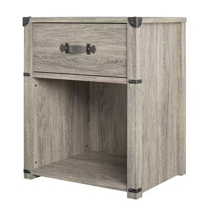 Comodino con 1 cassetto e maniglia in pelle – Rovere grigio