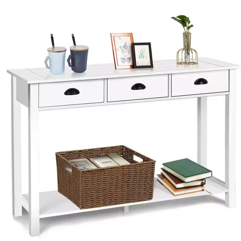 Costway 47 Console Table Hall Table Side Desk Accent Table Drawers Shelf Entryway White