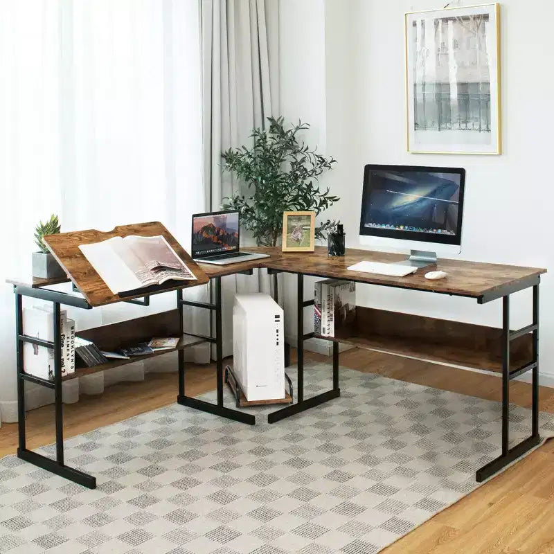 Postazione di lavoro angolare per computer con tavolo da disegno e piano inclinabile