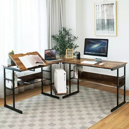 Postazione di lavoro angolare per computer con tavolo da disegno e piano inclinabile