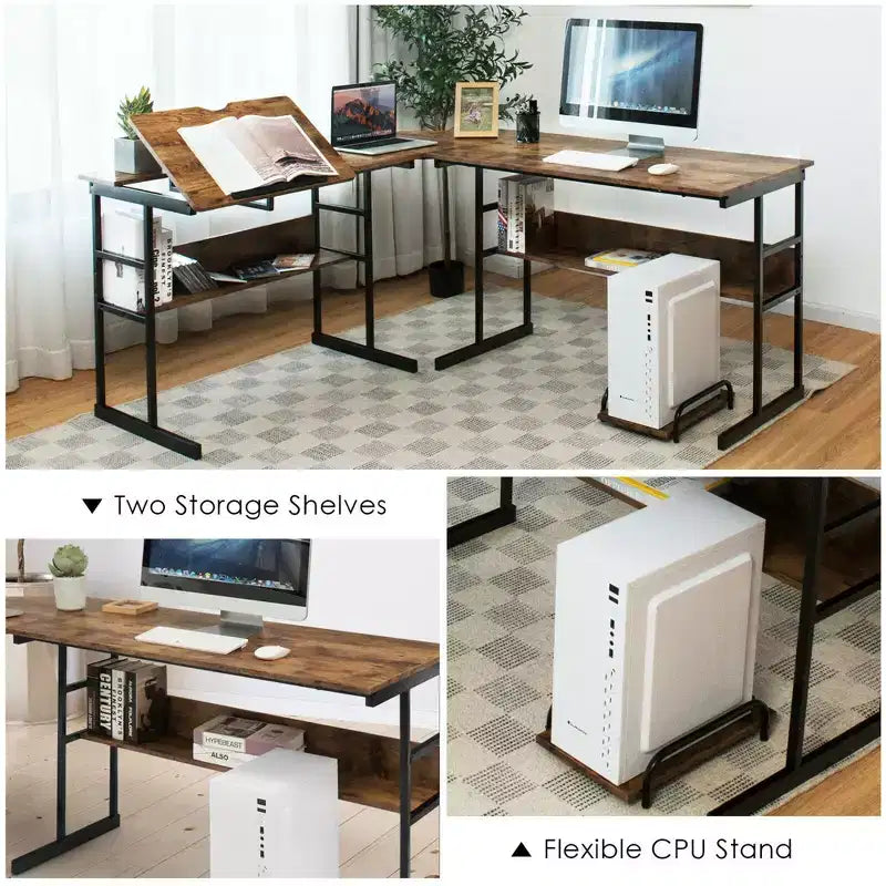 Postazione di lavoro angolare per computer con tavolo da disegno e piano inclinabile