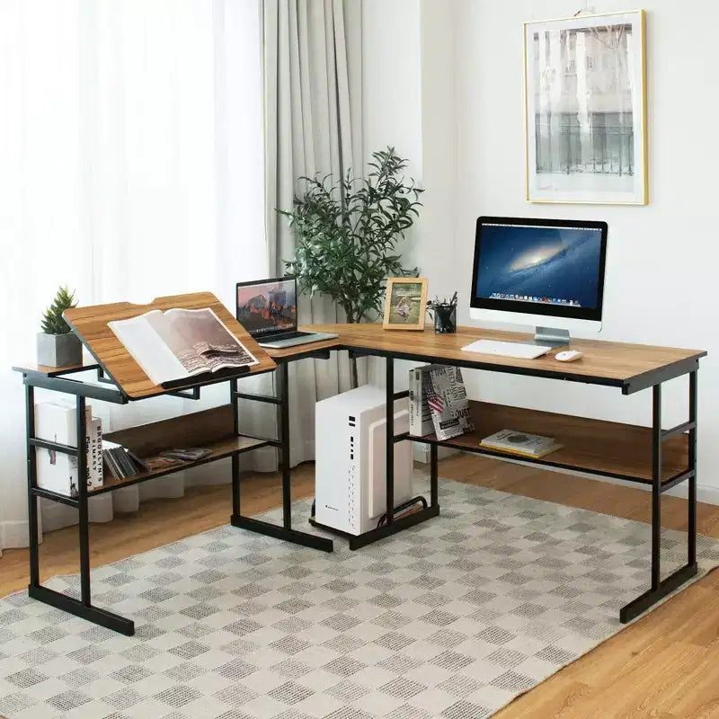 Postazione di lavoro angolare per computer con tavolo da disegno e piano inclinabile