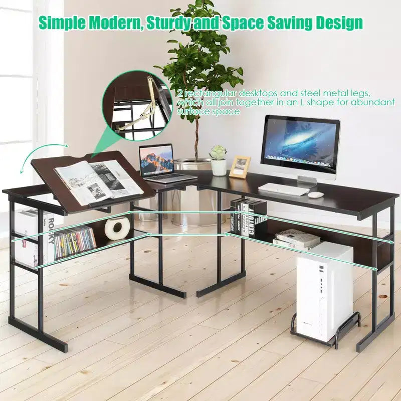 Postazione di lavoro angolare per computer con tavolo da disegno e piano inclinabile