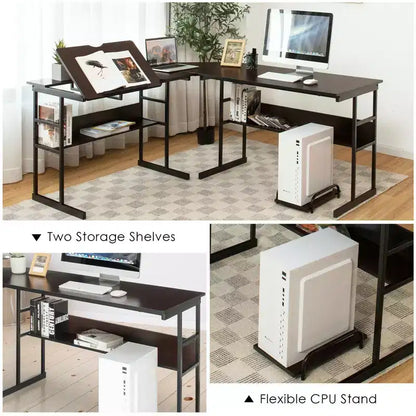 Postazione di lavoro angolare per computer con tavolo da disegno e piano inclinabile