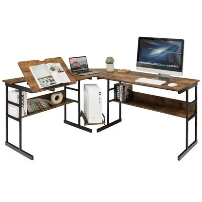 Postazione di lavoro angolare per computer con tavolo da disegno e piano inclinabile