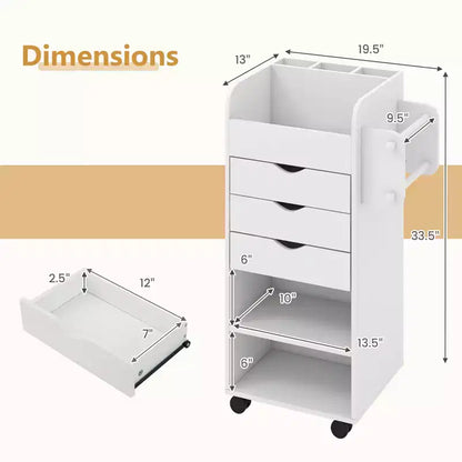 Carrello Portacraft con Rotelle a 3 Cassetti, 3 Ripiani, Scomparti e 2 Pioli