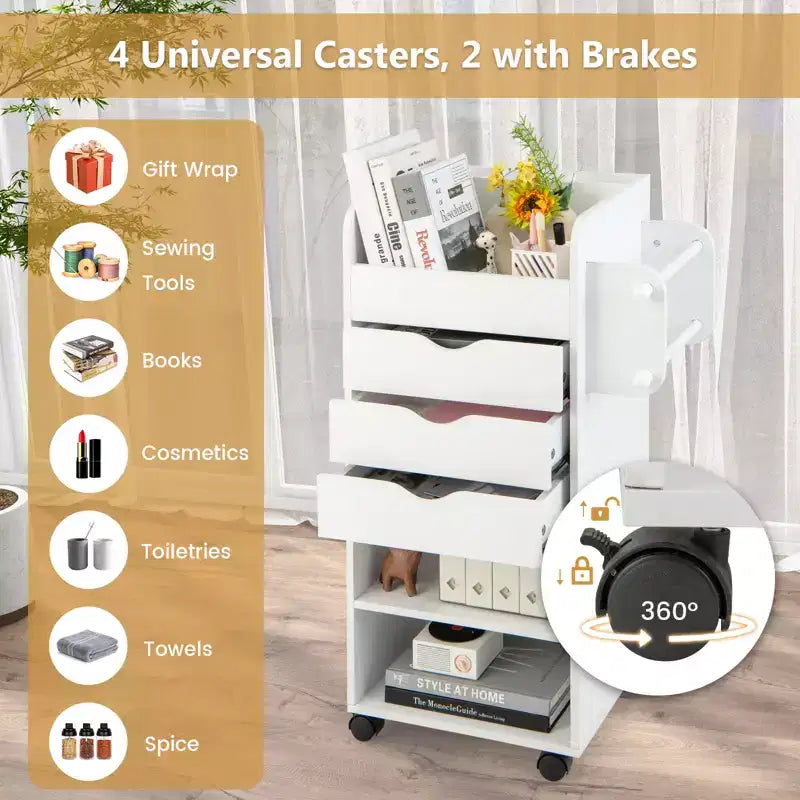 Carrello Portacraft con Rotelle a 3 Cassetti, 3 Ripiani, Scomparti e 2 Pioli