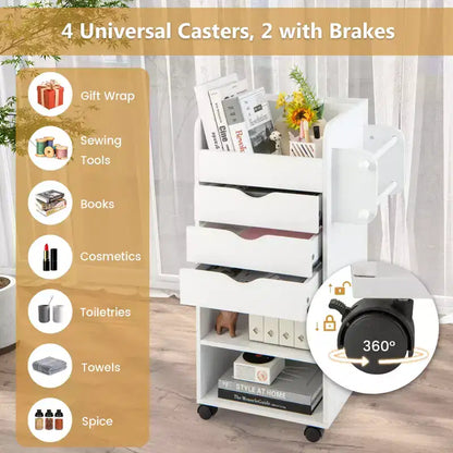 Carrello Portacraft con Rotelle a 3 Cassetti, 3 Ripiani, Scomparti e 2 Pioli