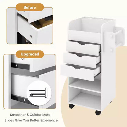Carrello Portacraft con Rotelle a 3 Cassetti, 3 Ripiani, Scomparti e 2 Pioli