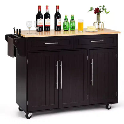 Costway Kitchen Island Trolley Cart Wood Top Rolling Storage Cabinet w/Knife Block WhiteBrown