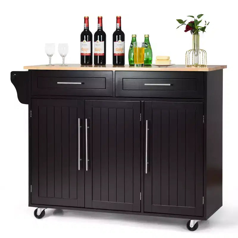 Carrello da Cucina con Isola su Ruote con Piano in Legno, Ceppo Portacoltelli e Cassetti Contenitori