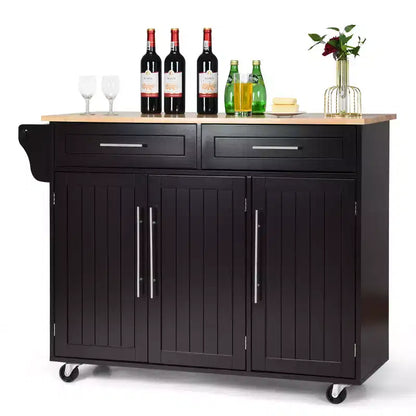 Carrello da Cucina con Isola su Ruote con Piano in Legno, Ceppo Portacoltelli e Cassetti Contenitori