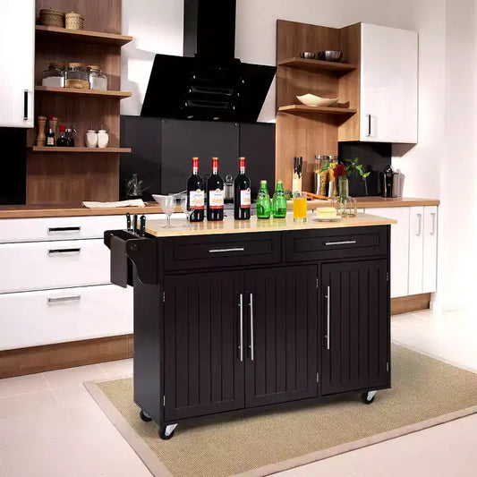 Carrello da Cucina con Isola su Ruote con Piano in Legno, Ceppo Portacoltelli e Cassetti Contenitori