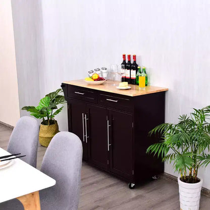 Carrello da Cucina con Isola su Ruote con Piano in Legno, Ceppo Portacoltelli e Cassetti Contenitori