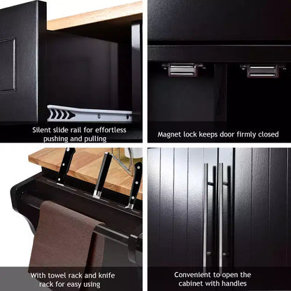 Carrello da Cucina con Isola su Ruote con Piano in Legno, Ceppo Portacoltelli e Cassetti Contenitori