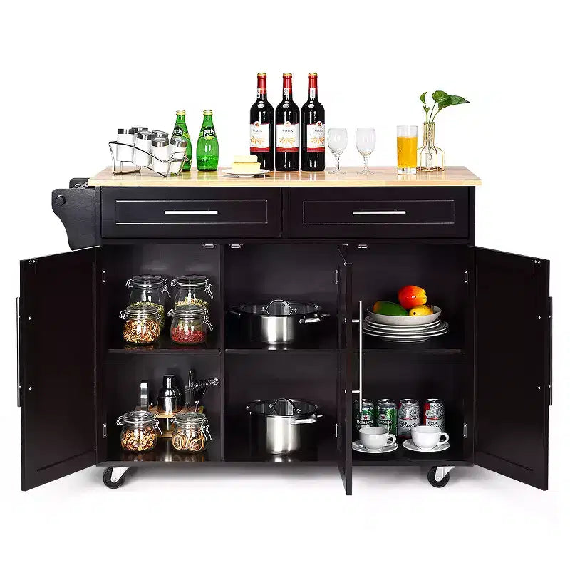 Carrello da Cucina con Isola su Ruote con Piano in Legno, Ceppo Portacoltelli e Cassetti Contenitori