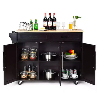 Carrello da Cucina con Isola su Ruote con Piano in Legno, Ceppo Portacoltelli e Cassetti Contenitori