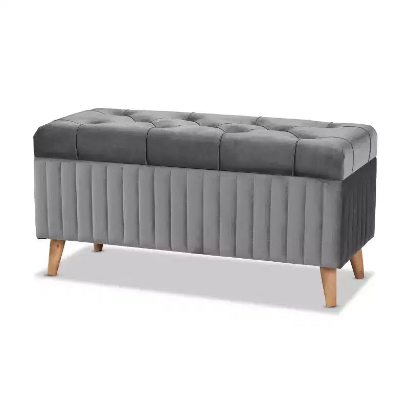 Pouf contenitore in legno rivestito in velluto con parte superiore capitonné