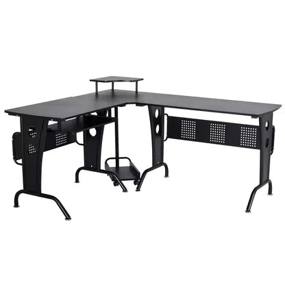 HOMCOM L-Shaped Corner Computer Office Desk Workstation with Elevated Shelf, Rolling Keyboard Tray, & Convenient CPU Stand