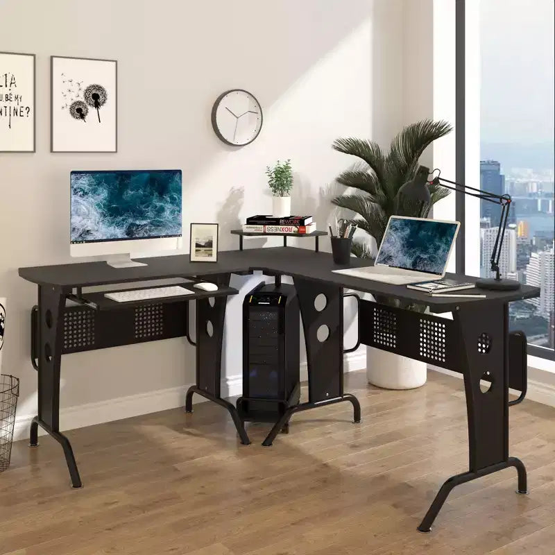 Scrivania angolare a L per computer con ripiano rialzato, vassoio per tastiera e supporto per CPU