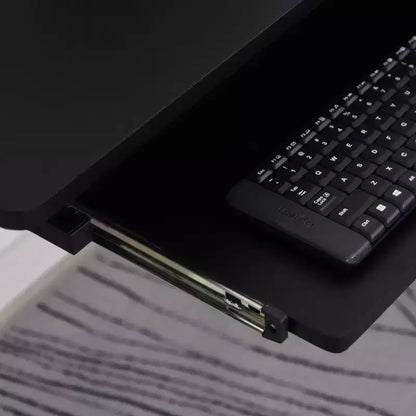 Scrivania angolare a L per computer con ripiano rialzato, vassoio per tastiera e supporto per CPU