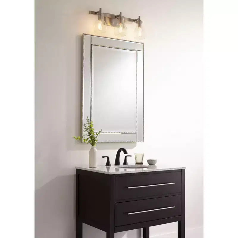 Specchio da parete rettangolare per mobile da bagno, larghezza 68,5 cm, cornice con perline color champagne, vetro bisellato