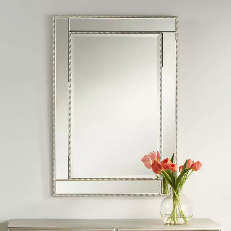 Specchio da parete rettangolare per mobile da bagno, larghezza 68,5 cm, cornice con perline color champagne, vetro bisellato