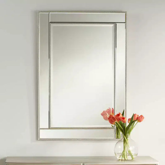 Specchio da parete rettangolare per mobile da bagno, larghezza 68,5 cm, cornice con perline color champagne, vetro bisellato