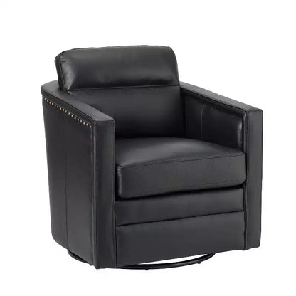 Eulalia 28.74 Wooden Upholstery Wide Genuine Leather Swivel Chair with Swivel Metal Base and Squared Arms| ART OF LIVING DESIGNS-BLACK