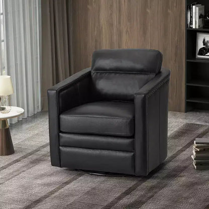Poltrona girevole in vera pelle con braccioli squadrati, larghezza 73 cm – Nera