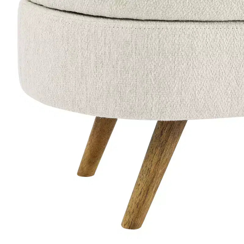 Panca contenitore ovale con gambe in legno di gomma e rivestimento in lino trapuntato – Contenitore nascosto