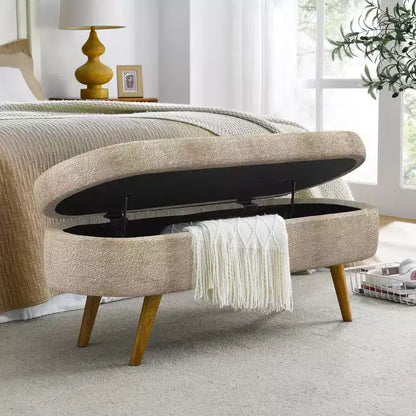 Panca contenitore ovale con gambe in legno di gomma e rivestimento in lino trapuntato – Contenitore nascosto