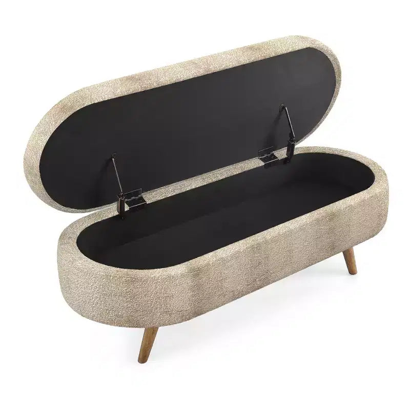 Panca contenitore ovale con gambe in legno di gomma e rivestimento in lino trapuntato – Contenitore nascosto