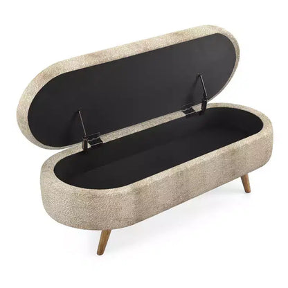 Panca contenitore ovale con gambe in legno di gomma e rivestimento in lino trapuntato – Contenitore nascosto