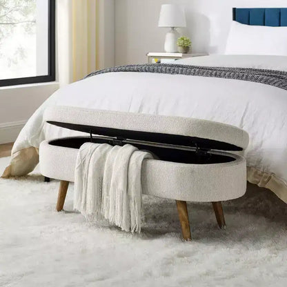 Panca contenitore ovale con gambe in legno di gomma e rivestimento in lino trapuntato – Contenitore nascosto