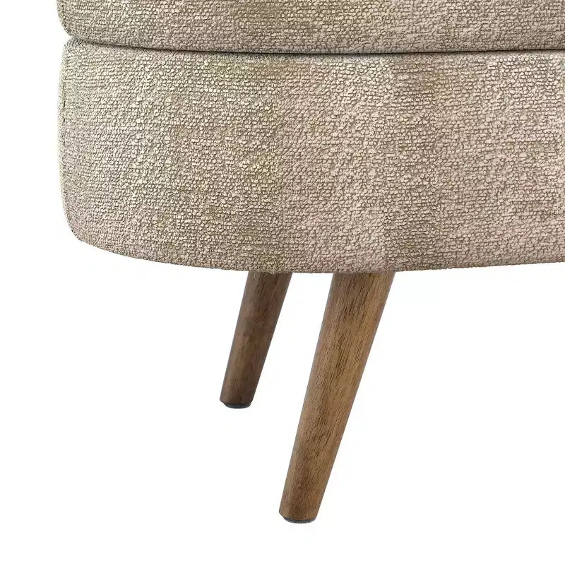 Panca contenitore ovale con gambe in legno di gomma e rivestimento in lino trapuntato – Contenitore nascosto
