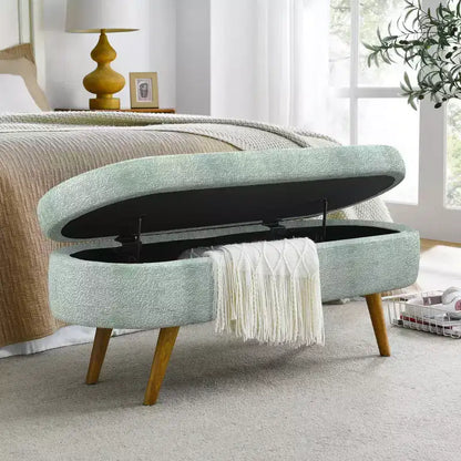Panca contenitore ovale con gambe in legno di gomma e rivestimento in lino trapuntato – Contenitore nascosto