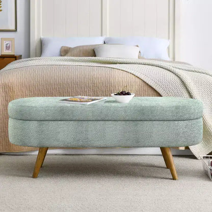 Panca contenitore ovale con gambe in legno di gomma e rivestimento in lino trapuntato – Contenitore nascosto