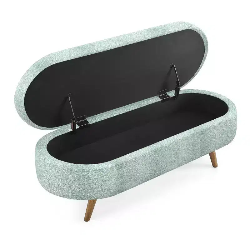 Panca contenitore ovale con gambe in legno di gomma e rivestimento in lino trapuntato – Contenitore nascosto
